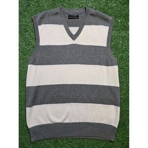 Club Monaco V-Neck Vest White Gray Stripe Sweater (Men's Large)